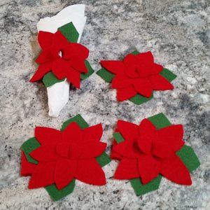 4 VINTAGE HANDMADE FELT POINSETTIA NAPKIN RINGS